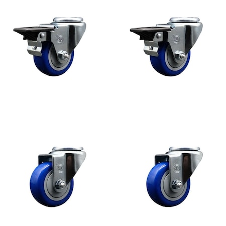 Service Caster 3'' Blue Poly Wheel Swivel Bolt Hole Caster Set with 2 Posi Lock Brakes, 4PK SCC-BH20S314-PPUB-BLUE-PLB-2-S-2